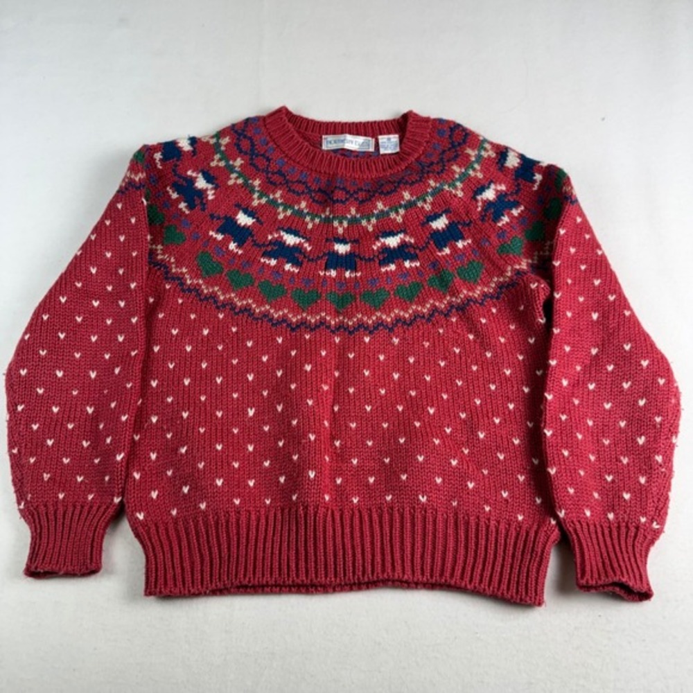 Northern Isles Vintage Red Fair Isle Heart Knit Sweater Womens Medium Crew Neck